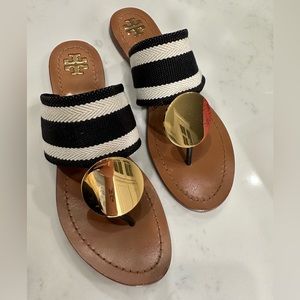 Tory Burch Size 7.5 - Patos Disk Sandal, Black/White Stripe and Royal Tan.